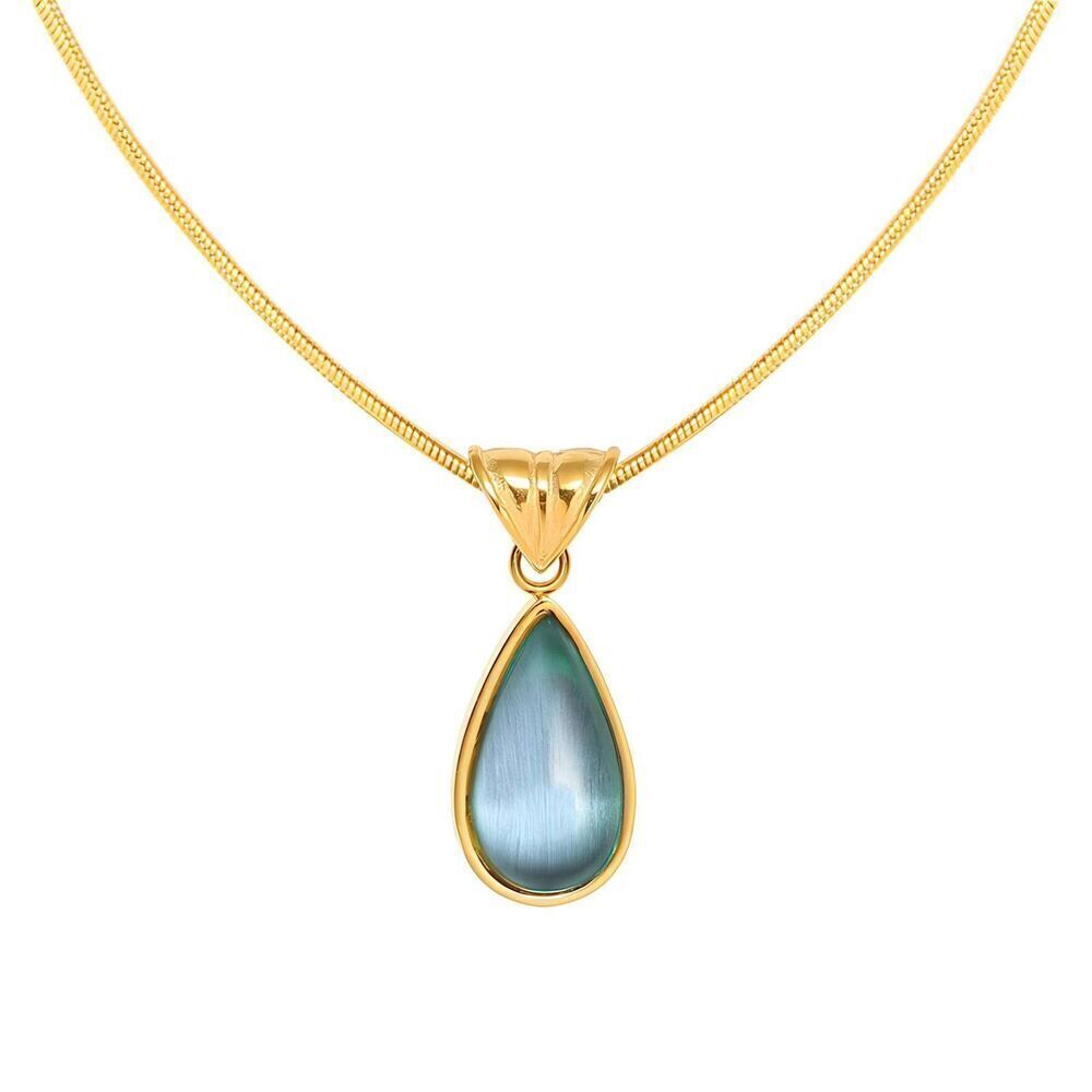 18K Gold Plated Women's Faux Blue Gem Teardrop Necklace Waterproof Elegant